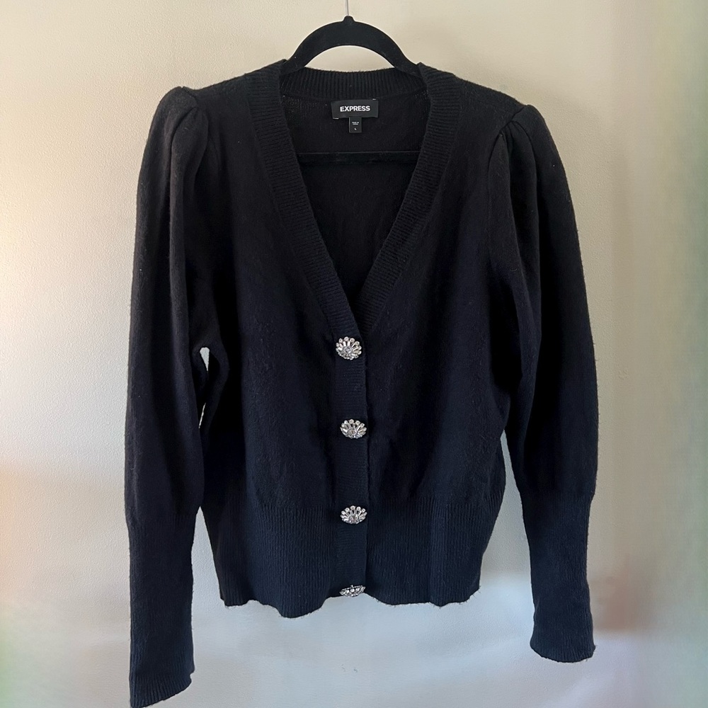 Black Cardigan With Crystal Jewel Buttons